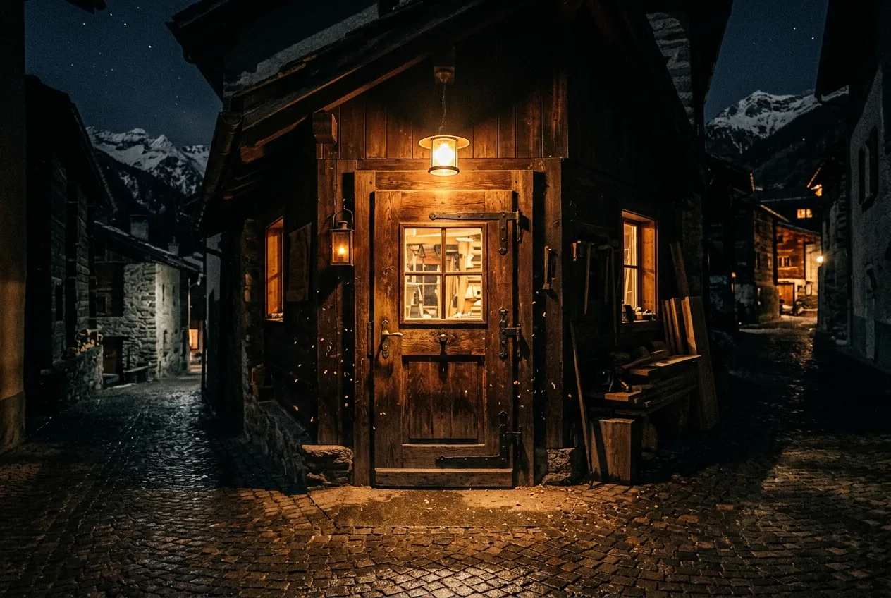 Entrée de l'atelier la nuit, lumière chaude