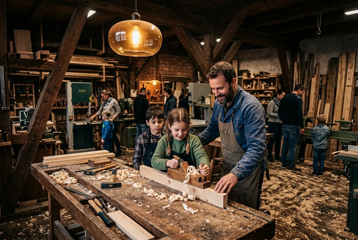 Besucher in der Werkstatt, Hobelbank im Vordergrund
