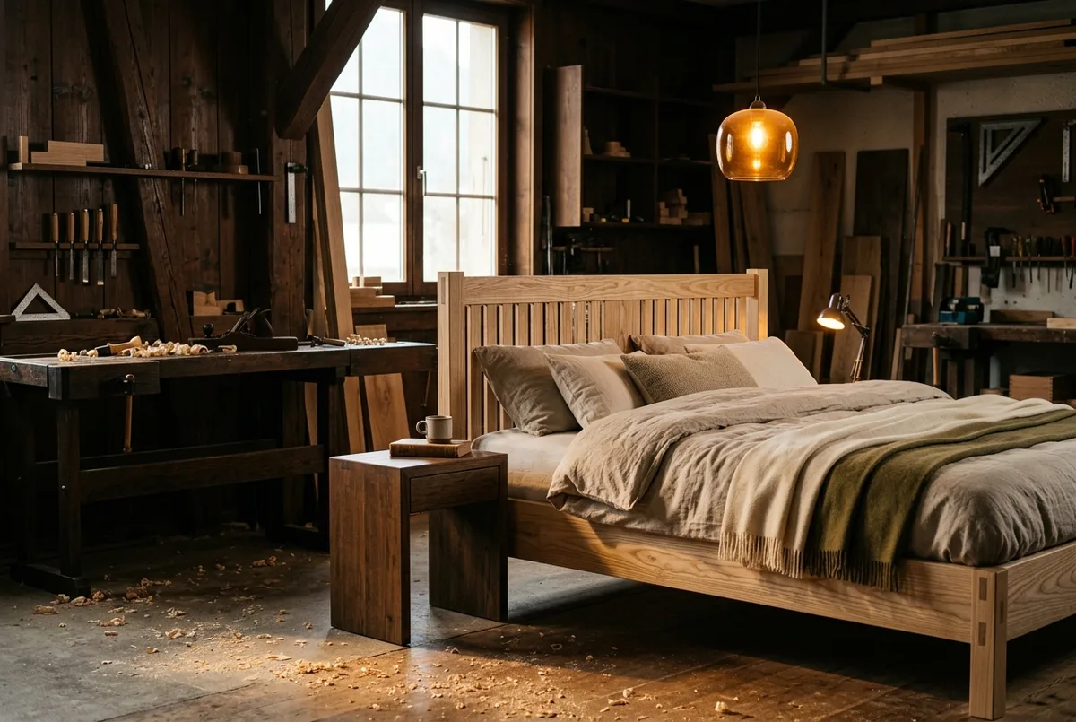 Bett aus Esche mit Kopfteil aus Vollholz