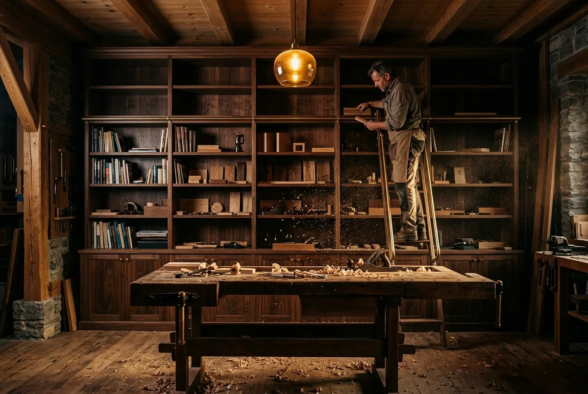 Raumhohe Bibliothekswand aus Nussbaum mit Leiter