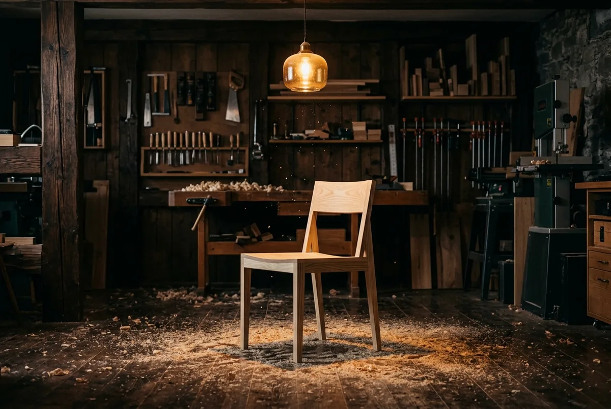 Stuhl aus Esche, geölt, in der Werkstatt