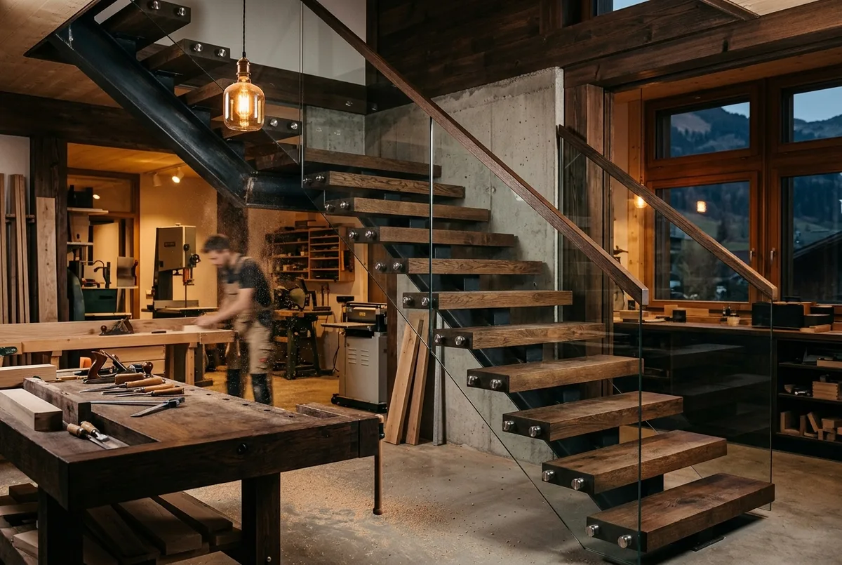 Freitragende Treppe aus Eiche mit Glasgeländer