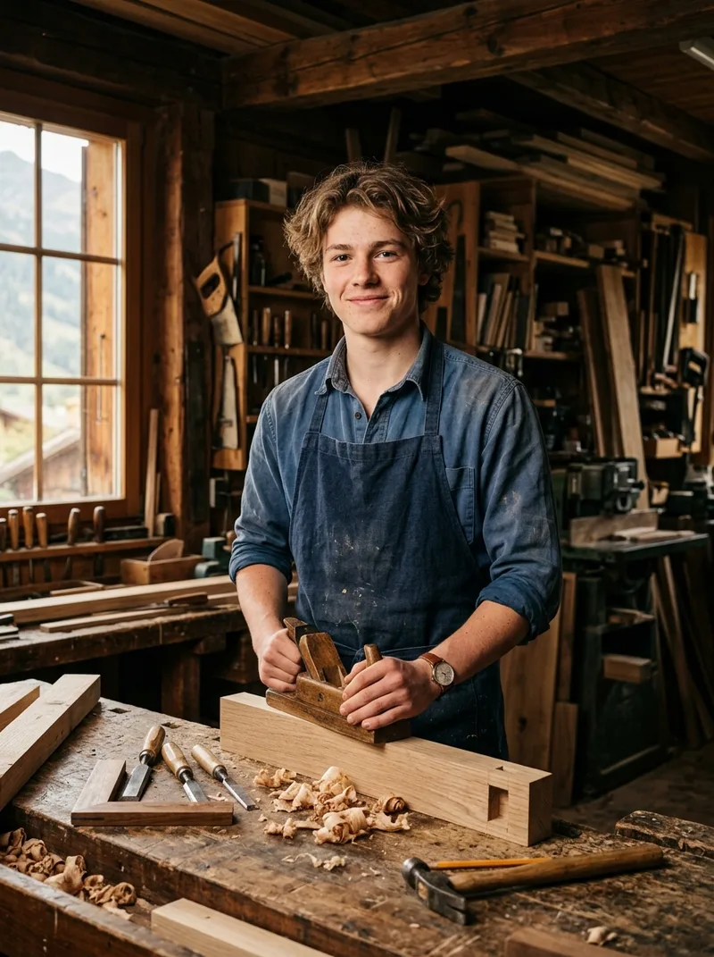 Noah Brunner an der Hobelbank, Porträt